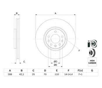 Спирачен диск вентилиран Ø308mm BOSCH за OPEL CORSA E (X15) от 2014