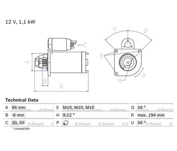 Стартер 12 зъби 1,1 [kB] BOSCH за CITROEN C4 I (LC) от 2004 до 2011