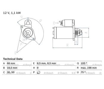 Стартер зъби 1,1 [kB] BOSCH за OPEL AGILA (A) (H00) от 2000 до 2007