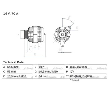Генератор 70 [A] BOSCH за OPEL AGILA (A) (H00) от 2000 до 2007