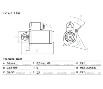 Стартер зъби 1,1 [kB] BOSCH за OPEL AGILA (A) (H00) от 2000 до 2007