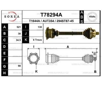 Полуоска +ABS 521 мм, преден SOREA за AUDI A8 (4D2, 4D8) от 1994 до 2002