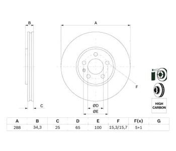 Спирачен диск вентилиран BOSCH за AUDI A1 Sportback (8XA, 8XF) от 2011 до 2018