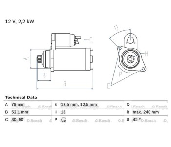 Стартер 12 зъби 1,7 [kB] BOSCH за AUDI A1 (8X1, 8XK) от 2010 до 2018