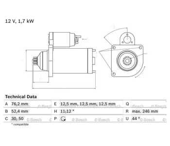 Стартер 12 зъби 1,7 [kB] BOSCH за SEAT TOLEDO IV (KG3) от 2012