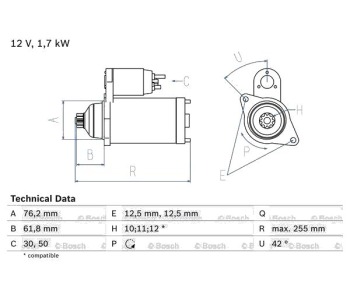 Стартер 10 зъби 1,7 [kB] BOSCH за AUDI A3 (8P1) от 2003 до 2008