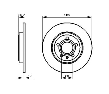 Спирачен диск плътен Ø288mm BOSCH за AUDI A4 Avant (8ED, B7) от 2004 до 2008