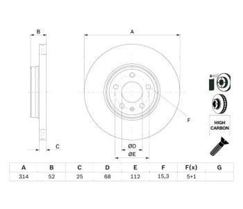 Спирачен диск вентилиран Ø314mm BOSCH за AUDI A4 Avant (8W, B9) от 2015