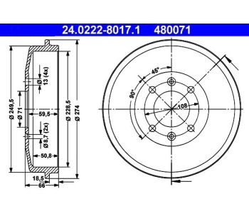 Спирачен барабан ATE за PEUGEOT PARTNER (5F) Combispace пътнически от 1996 до 2008