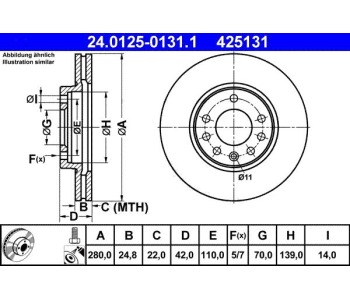 Спирачен диск вентилиран Ø280mm ATE за OPEL CORSA C (F08, F68) от 2000 до 2009