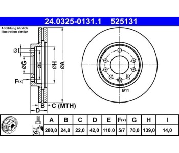 Спирачен диск вентилиран Ø280mm ATE за OPEL ASTRA H GTC (L08) от 2005 до 2010