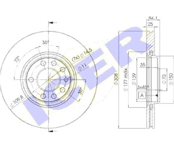 Спирачен диск вентилиран Ø308mm ICER за OPEL ASTRA H (L48) хечбек от 2004 до 2014