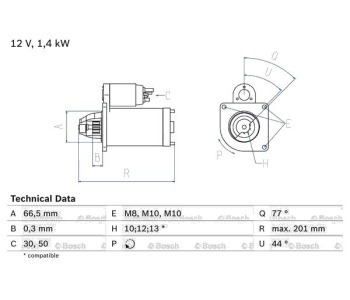 Стартер 10 зъби 1,4 [kB] BOSCH за RENAULT THALIA/SYMBOL I (LB0/1/2_) от 1998 до 2008