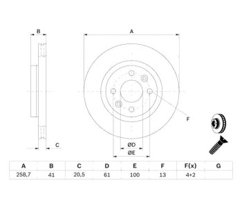Спирачен диск вентилиран Ø259mm BOSCH за RENAULT THALIA/SYMBOL I (LB0/1/2_) от 1998 до 2008