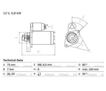 Стартер 0,8 [kB] BOSCH за CHEVROLET SPARK (M200, M250) от 2005