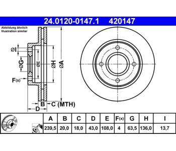 Спирачен диск вентилиран Ø240mm ATE за FORD FIESTA III (GFJ) от 1989 до 1997