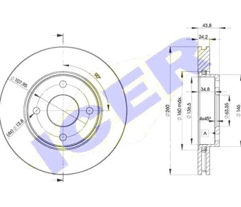 Спирачен диск вентилиран Ø260mm ICER за FORD ESCORT V (GAL) от 1990 до 1992