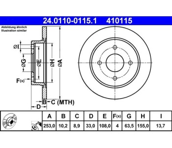 Спирачен диск плътен Ø253mm ATE за FORD FOCUS I (DAW, DBW) от 1998 до 2004