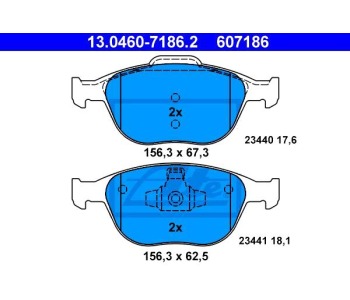 Комплект спирачни накладки ATE за FORD TRANSIT CONNECT (P65, P70, P80) товарен от 2002 до 2013