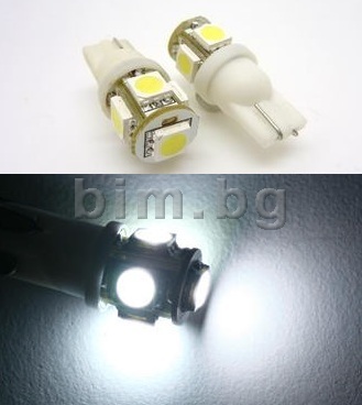 Диодни габарити бели Т10 с 5 SMD диода (комплект 2 броя)