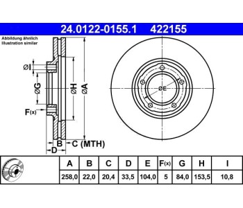 Спирачен диск вентилиран Ø258mm ATE за MITSUBISHI L300 (P0_V, P1_V, P_2V) товарен от 1986 до 2013