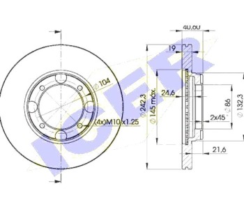 Спирачен диск вентилиран Ø242mm ICER за HYUNDAI EXCEL (PONY) (X-2) седан от 1989 до 1995