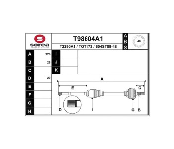 Полуоска 926 мм, преден SOREA за TOYOTA AVENSIS (_T22_) седан от 1997 до 2003