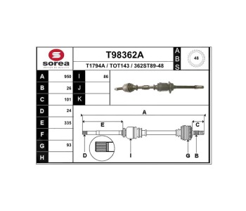Полуоска 950 мм, преден SOREA за TOYOTA COROLLA VERSO (_E12_) от 2001 до 2004