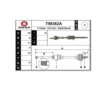 Полуоска 950 мм, преден SOREA за TOYOTA COROLLA (_E12_) хечбек от 2001 до 2007