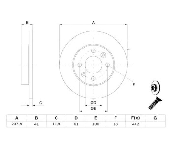 Спирачен диск плътен Ø238mm BOSCH за RENAULT THALIA/SYMBOL II (LU1/2_) от 2008 до 2013