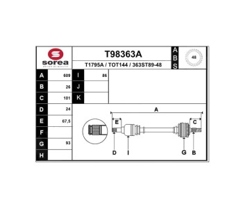 Полуоска 609 мм, преден SOREA за TOYOTA COROLLA VERSO (_E12_) от 2001 до 2004