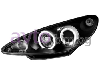 Тунинг фарове Angel Eyes черни с лупа комплект за PEUGEOT 206 CC (2D) кабрио от 2000 до 2009