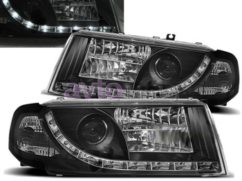 Тунинг фарове DAYLIGHT H1+H1+H7 с лупи и LED светлини черни комплект (ляв+десен) след 2000 за SKODA OCTAVIA I (1U5) комби от 1998 до 2010