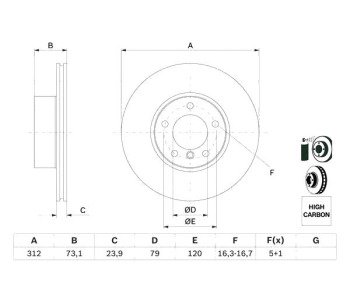 Спирачен диск вентилиран Ø312mm BOSCH за BMW 4 Ser (F36) гран купе от 2014