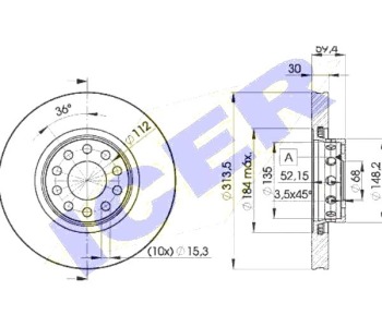 Спирачен диск вентилиран Ø314mm ICER за AUDI 100 (4A, C4) от 1990 до 1994
